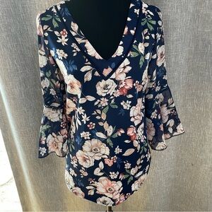 PerSeption Concept Floral Blouse Bell Sleeve S Navy Blue V-Neck Crochet Trim